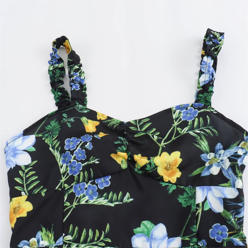 PB&ZA 2024 uus naiste mood ja elegants, magusa lilleprintiga, õhukese istuvusega lahtise seljarihmaga varrukateta kleit