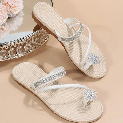 Papuci de plajă cu flori cu strasuri de vară pentru femei, comozi, sandale plate de plajă pentru femei, papuci de plajă casual pentru femei, Zapatos Mujer