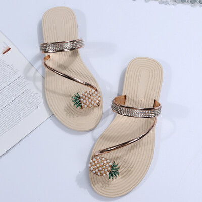 Suvised rannasussid Naiste ananassisandaalid Pärliga plätud lahtised varbad, vabad elastsed sandaalid, lamedad kodusandaalid rannasussid