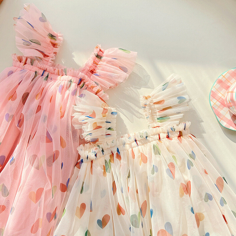 1-7T väikelapse laps Beebi Tüdrukute riided õlgadest Südameprintidega tüdrukute kleit Elegantne suvine päikesekleit rannaprintsessi kleit