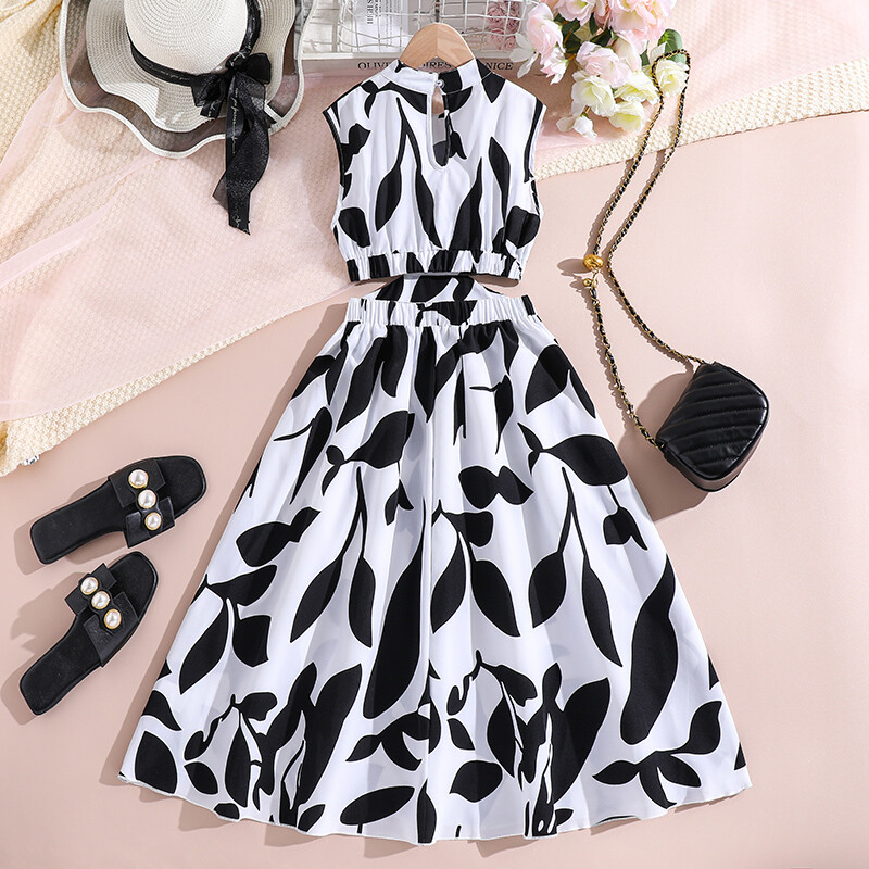 Suvise disainiga lastekleit 8-12-aastastele tüdrukutele Must triibuline varrukateta kleit Suvepuhkuse vabaaja stiilsed igapäevariided