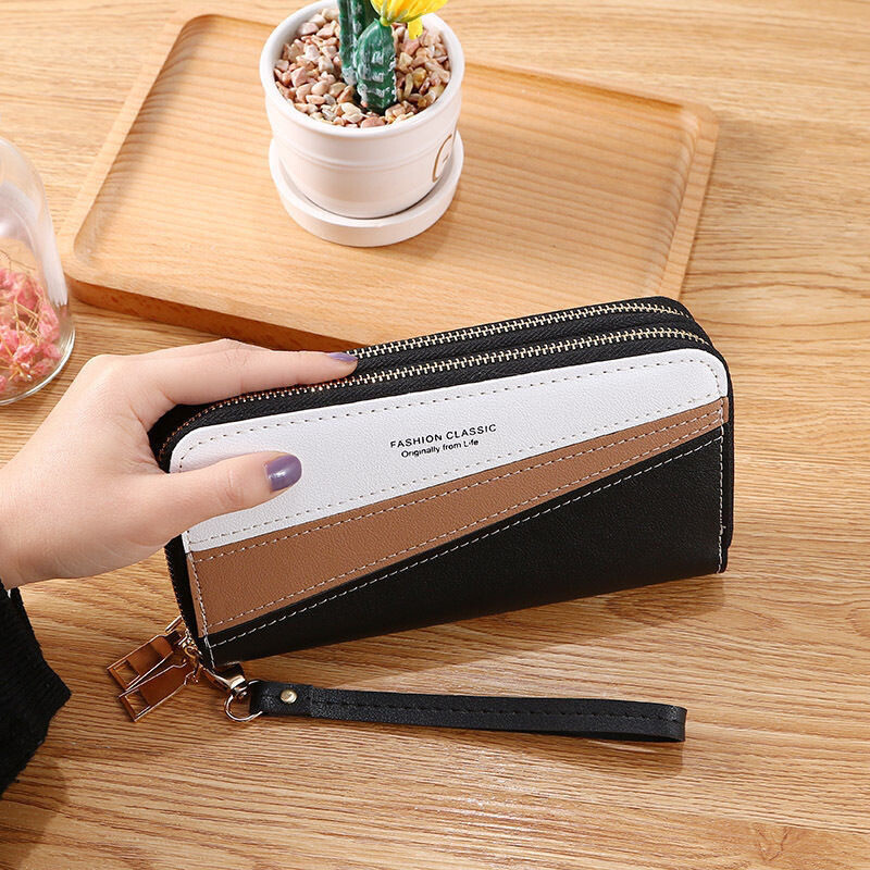 Nauja moteriška piniginė su dvigubu užtrauktuku korėjietiško stiliaus ilgos sankabos kontrasto spalvos didelės talpos dvigubo sluoksnio piniginės mobiliojo telefono krepšys