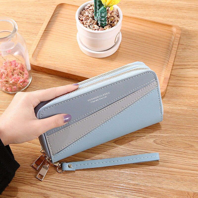 Nauja moteriška piniginė su dvigubu užtrauktuku korėjietiško stiliaus ilgos sankabos kontrasto spalvos didelės talpos dvigubo sluoksnio piniginės mobiliojo telefono krepšys