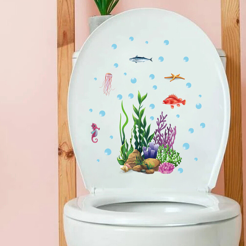Desene animat Ocean Pește Păsări Autocolante Autocolante pentru toaletă Autocolante pentru notebook Autocolante pentru decorare baie Autocolante de perete