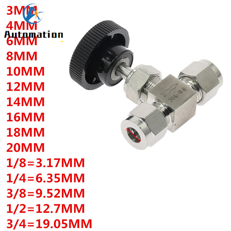 Podesivi igličasti ventil OD 3 4 6 8 10 12 14 mm 1/8" 1/4" 3/8" 1/2" Kompresijski dvostruki cijevni priključak od nehrđajućeg čelika 304