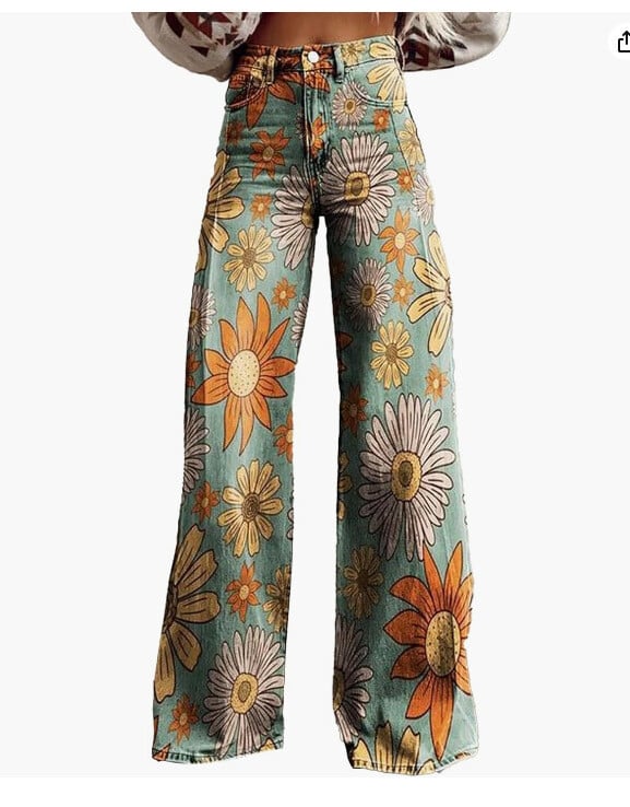 Väliskaubanduse suure suurusega naiste laia säärega püksid Uued 3D soojusülekandepüksid Bell Simulated Denim Püksid Summer Slim Style