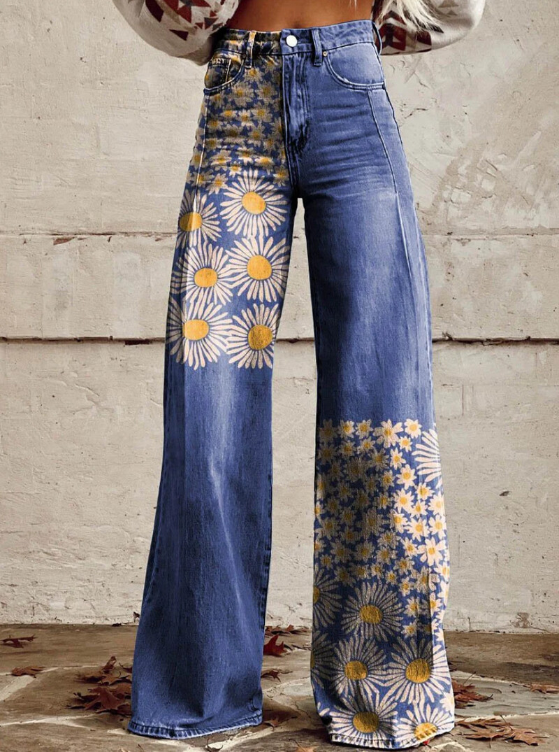Väliskaubanduse suure suurusega naiste laia säärega püksid Uued 3D soojusülekandepüksid Bell Simulated Denim Püksid Summer Slim Style
