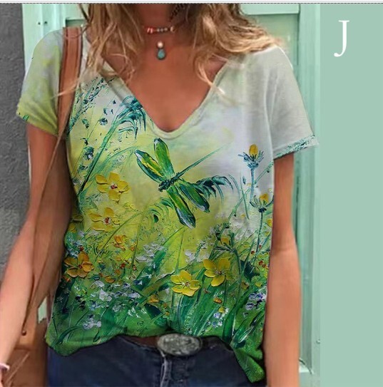 Europietiški ir amerikietiški drabužiai Moteriški megztiniai su V formos iškirpte viršutinė skaitmeninė spauda, vasariniai laisvi moteriški marškinėliai trumpomis rankovėmis