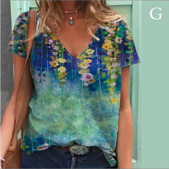 Europietiški ir amerikietiški drabužiai Moteriški megztiniai su V formos iškirpte viršutinė skaitmeninė spauda, vasariniai laisvi moteriški marškinėliai trumpomis rankovėmis