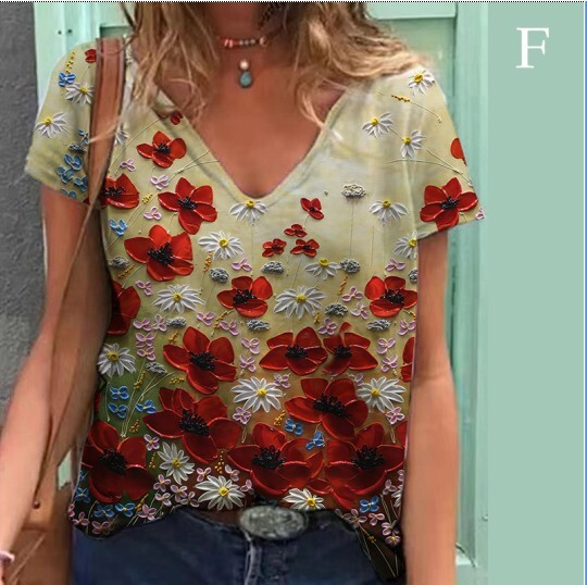 Europietiški ir amerikietiški drabužiai Moteriški megztiniai su V formos iškirpte viršutinė skaitmeninė spauda, vasariniai laisvi moteriški marškinėliai trumpomis rankovėmis