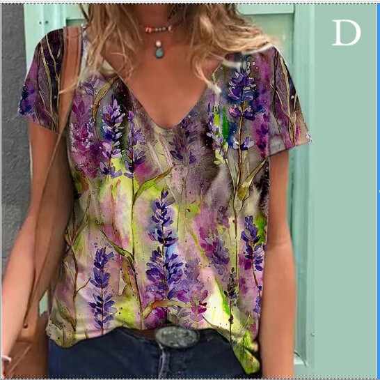 Europietiški ir amerikietiški drabužiai Moteriški megztiniai su V formos iškirpte viršutinė skaitmeninė spauda, vasariniai laisvi moteriški marškinėliai trumpomis rankovėmis