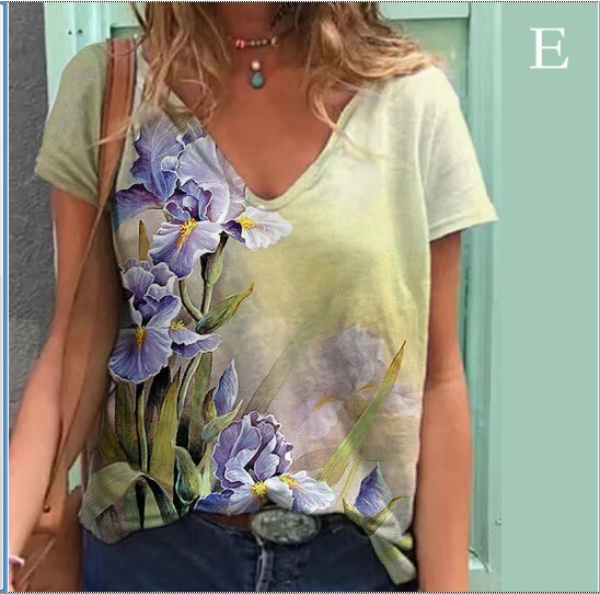 Europietiški ir amerikietiški drabužiai Moteriški megztiniai su V formos iškirpte viršutinė skaitmeninė spauda, vasariniai laisvi moteriški marškinėliai trumpomis rankovėmis