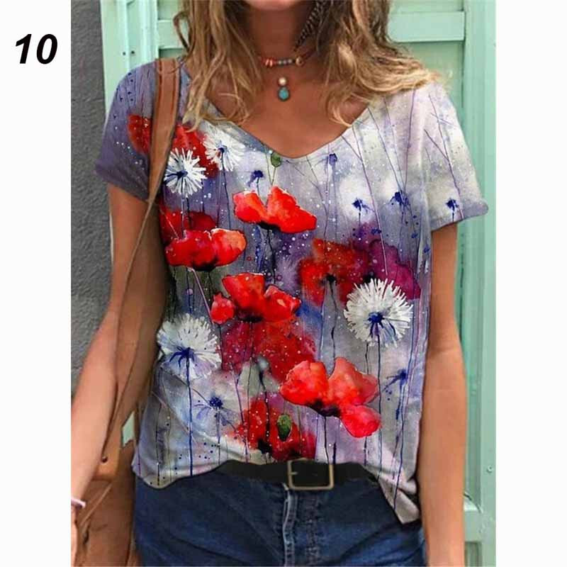 Europietiški ir amerikietiški drabužiai Moteriški megztiniai su V formos iškirpte viršutinė skaitmeninė spauda, vasariniai laisvi moteriški marškinėliai trumpomis rankovėmis