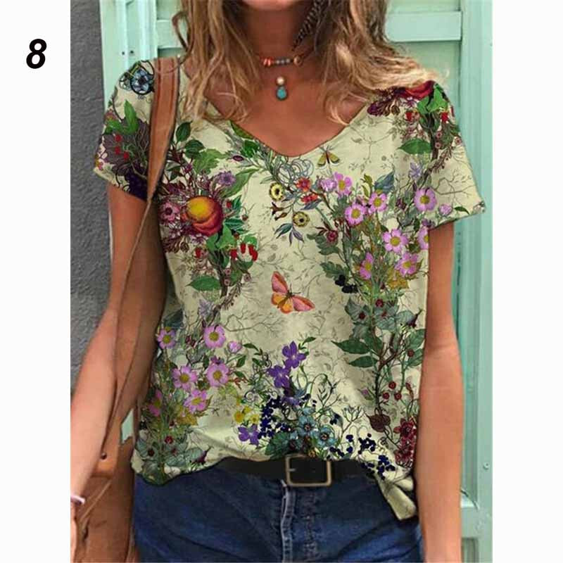 Europietiški ir amerikietiški drabužiai Moteriški megztiniai su V formos iškirpte viršutinė skaitmeninė spauda, vasariniai laisvi moteriški marškinėliai trumpomis rankovėmis