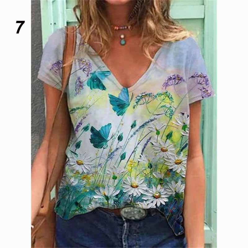 Europietiški ir amerikietiški drabužiai Moteriški megztiniai su V formos iškirpte viršutinė skaitmeninė spauda, vasariniai laisvi moteriški marškinėliai trumpomis rankovėmis