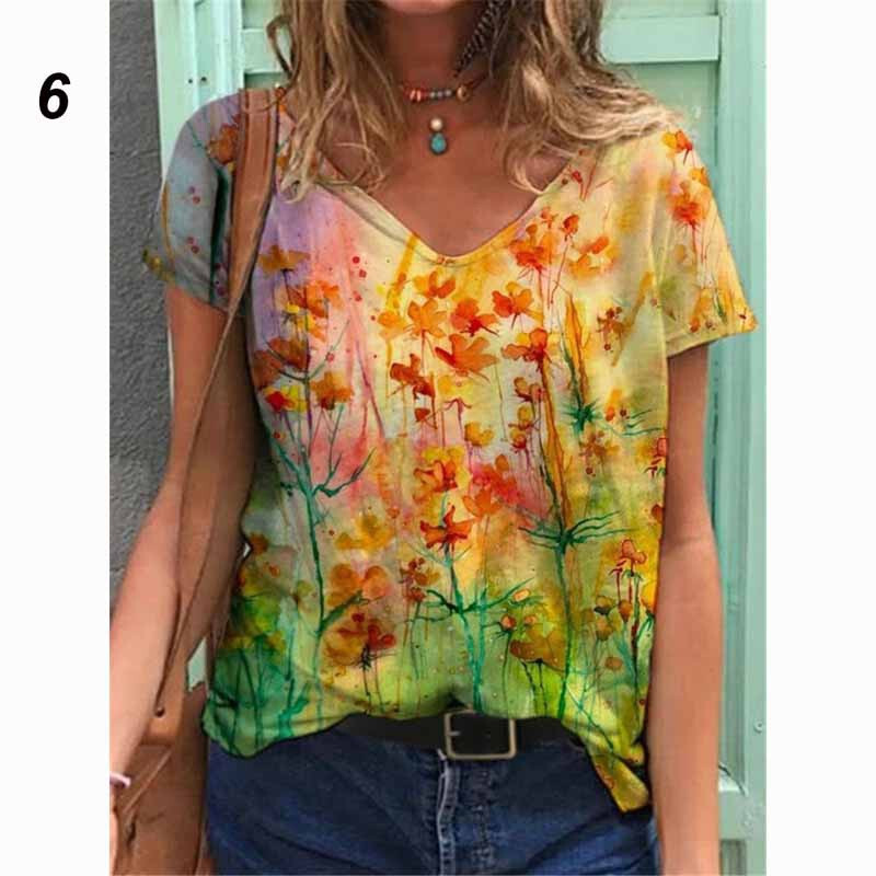 Europietiški ir amerikietiški drabužiai Moteriški megztiniai su V formos iškirpte viršutinė skaitmeninė spauda, vasariniai laisvi moteriški marškinėliai trumpomis rankovėmis