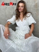 Vintage ženska pamučna haljina 100% V izreza Elegantna bijela haljina s cvjetnim printom Midi dugih puf rukava Ležerne ljetne haljine za žene