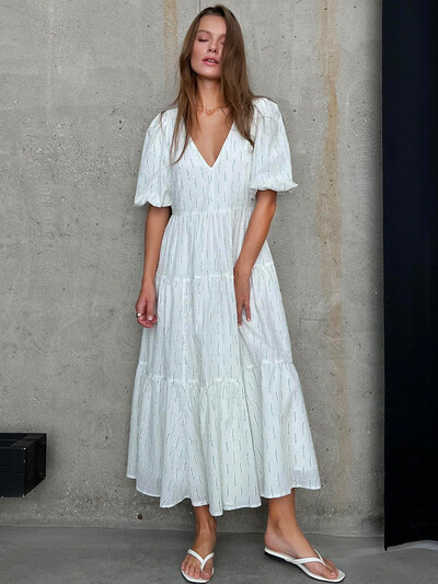 Vintage ženska pamučna haljina 100% V izreza Elegantna bijela haljina s cvjetnim printom Midi dugih puf rukava Ležerne ljetne haljine za žene