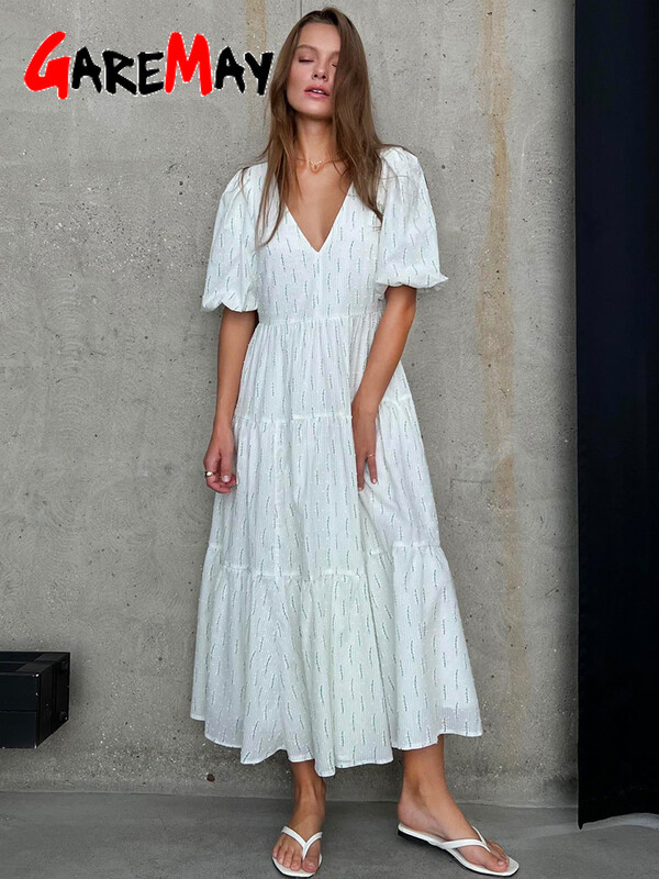 Vintage ženska pamučna haljina 100% V izreza Elegantna bijela haljina s cvjetnim printom Midi dugih puf rukava Ležerne ljetne haljine za žene