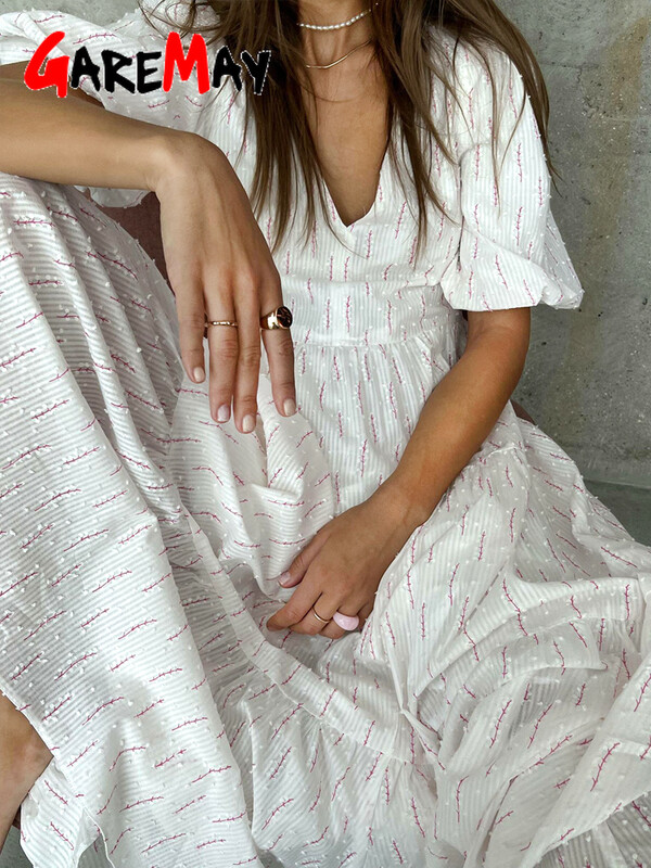 Vintage ženska pamučna haljina 100% V izreza Elegantna bijela haljina s cvjetnim printom Midi dugih puf rukava Ležerne ljetne haljine za žene