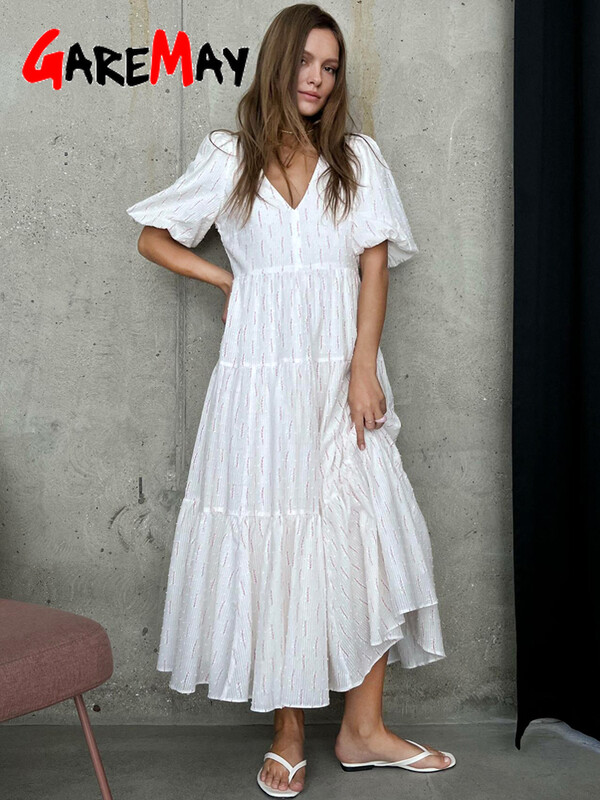 Vintage ženska pamučna haljina 100% V izreza Elegantna bijela haljina s cvjetnim printom Midi dugih puf rukava Ležerne ljetne haljine za žene