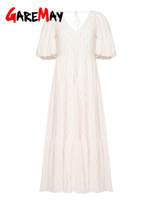 Vintage ženska pamučna haljina 100% V izreza Elegantna bijela haljina s cvjetnim printom Midi dugih puf rukava Ležerne ljetne haljine za žene