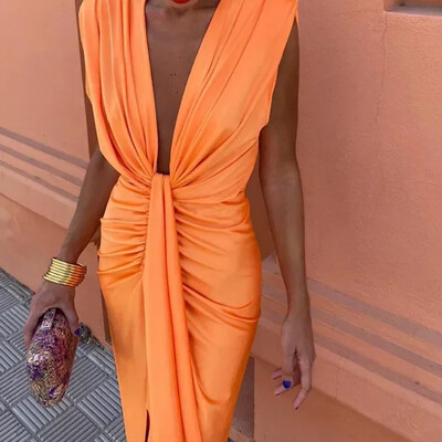 Chic nabrane midi haljine s jastučićima za ramena Ženske elegantne uske haljine s dubokim V-izrezom bez rukava Ljeto 2024. Ženski večernji ogrtač