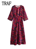 TRAF Γυναικεία μακριά φορέματα με πλισέ 2023 Φθινοπωρινό Γυναικείο μακρυμάνικο Vintage print Midi φόρεμα Γυναικείο φόρεμα για πάρτι