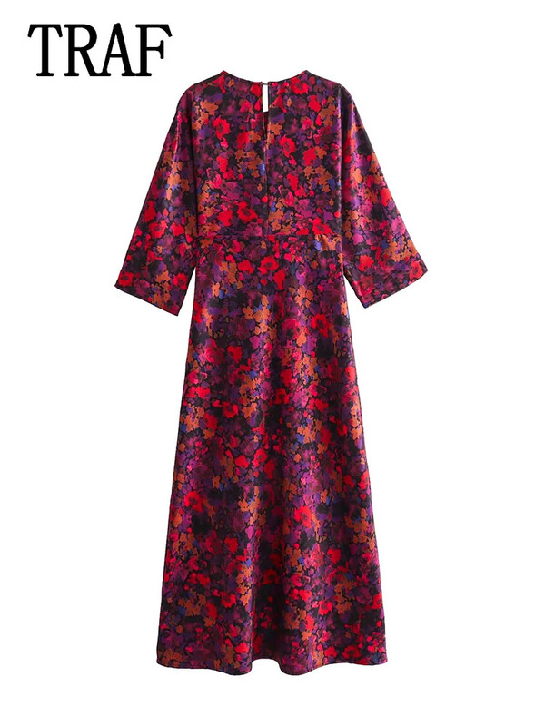 TRAF Γυναικεία μακριά φορέματα με πλισέ 2023 Φθινοπωρινό Γυναικείο μακρυμάνικο Vintage print Midi φόρεμα Γυναικείο φόρεμα για πάρτι