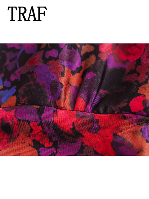 TRAF Γυναικεία μακριά φορέματα με πλισέ 2023 Φθινοπωρινό Γυναικείο μακρυμάνικο Vintage print Midi φόρεμα Γυναικείο φόρεμα για πάρτι