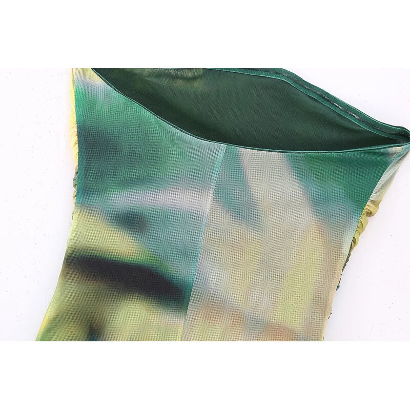 TRAF žalios tinklinio korseto suknelės, 2023 m. vasaros, moteriškos suknelės Bodycon suknelės be nugarų margintos „midi ruched“ moteriška suknelė iš pečių