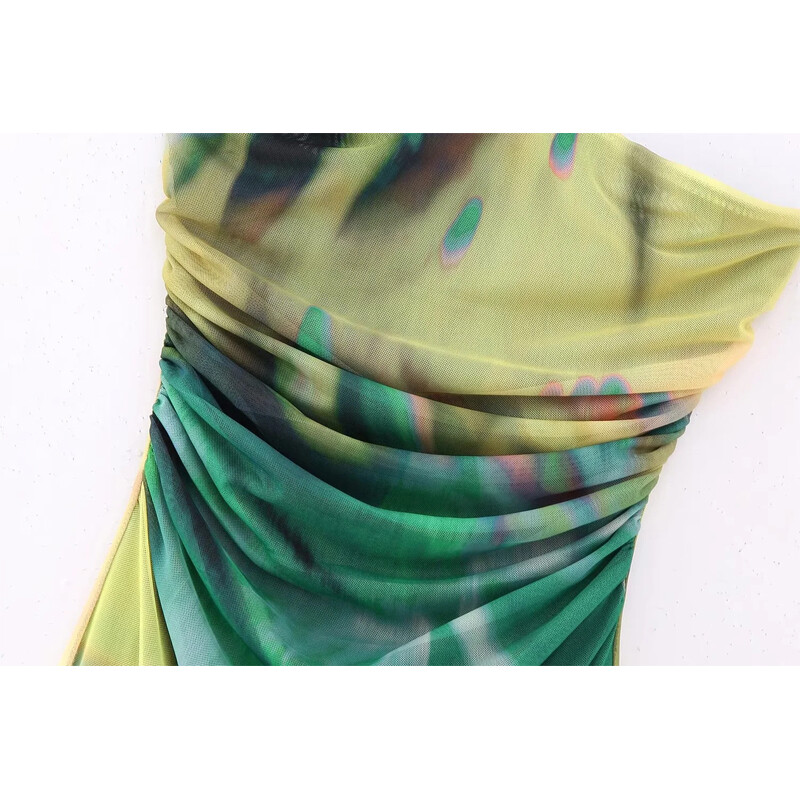 TRAF žalios tinklinio korseto suknelės, 2023 m. vasaros, moteriškos suknelės Bodycon suknelės be nugarų margintos „midi ruched“ moteriška suknelė iš pečių