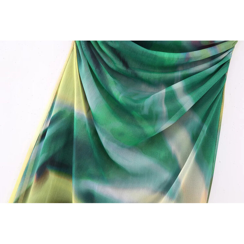 TRAF žalios tinklinio korseto suknelės, 2023 m. vasaros, moteriškos suknelės Bodycon suknelės be nugarų margintos „midi ruched“ moteriška suknelė iš pečių