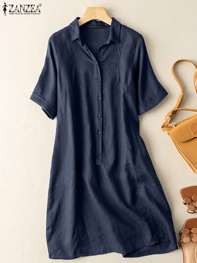 ZANZEA naiste vintage suve reväärika kaelusega särkkleit lühikeste varrukatega vabaaja rannas Midi päikesekleit, soliidsed nööbid pühade puuvillased vestid