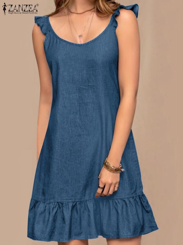 Boheemlaslik suvine teksastiilis päikesekleit 2023 ZANZEA mood naiste varrukateta volangidega ääriskleit rannapuhkuse ajal lühikesed Vestido hommikumantlid