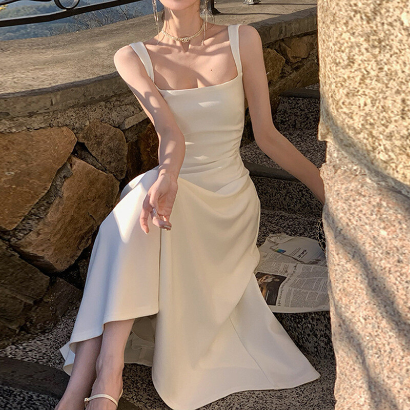 2024. aasta suveõhtupeokleit, valge Midi kleit kontorisse, daami õhuke seksikas varrukateta rihmaga kleit rannastiilis naiste ühes tükis korea kleit