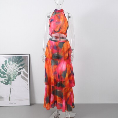 Γυναικείο φόρεμα με στάμπα με Cascading Ruffle Γυναικεία φορέματα για πάρτι χωρίς μανίκια γυναικεία 2024 Midi Vestidos