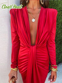 Madinga elegantiška, solidžiai klostuota plona midi suknelė moteriška Seksuali V formos iškirptė surištos suknelės ilgomis rankovėmis 2024 m. Nauji damų vakarėlio chalatai