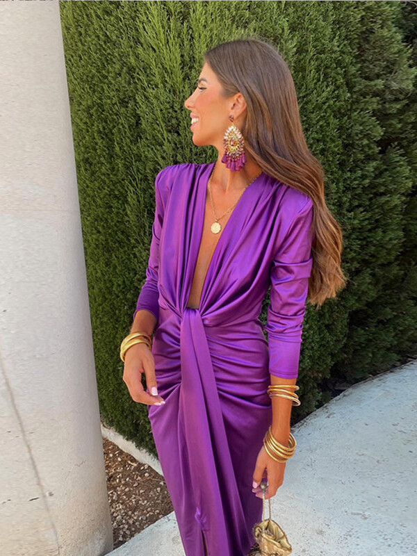 Madinga elegantiška, solidžiai klostuota plona midi suknelė moteriška Seksuali V formos iškirptė surištos suknelės ilgomis rankovėmis 2024 m. Nauji damų vakarėlio chalatai