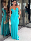 Γυναικείο δαχτυλίδι ψηλόμεσο με κούφιο φόρεμα με σφεντόνα μπλε με λαιμόκοψη με λαιμόκοψη χωρίς μανίκια για πάρτι χωρίς πλάτη λεπτές μάξι ρόμπες 2024 Γυναικεία κομψά επίσημα ρούχα