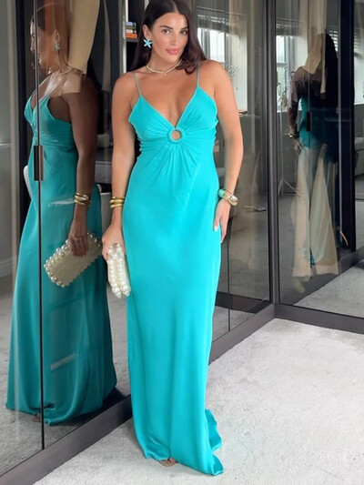 Γυναικείο δαχτυλίδι ψηλόμεσο με κούφιο φόρεμα με σφεντόνα μπλε με λαιμόκοψη με λαιμόκοψη χωρίς μανίκια για πάρτι χωρίς πλάτη λεπτές μάξι ρόμπες 2024 Γυναικεία κομψά επίσημα ρούχα