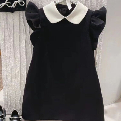 Tüdrukute kleit suvine uus moodne kullake, lendav varrukas Väike must kleit A-line kleit Korea lastekleit