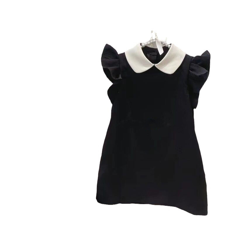 Tüdrukute kleit suvine uus moodne kullake, lendav varrukas Väike must kleit A-line kleit Korea lastekleit