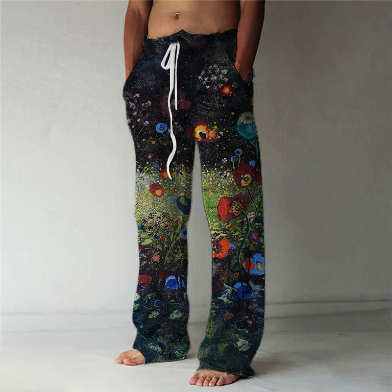 Comerț exterior, mărime mare, pentru bărbați, cu picior lat, imprimeu boem, cu imprimare 3D, pantaloni de plajă, lejer, cu șnur
