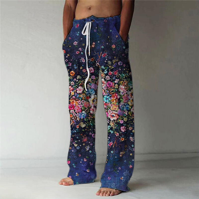 Comerț exterior, mărime mare, pentru bărbați, cu picior lat, imprimeu boem, cu imprimare 3D, pantaloni de plajă, lejer, cu șnur