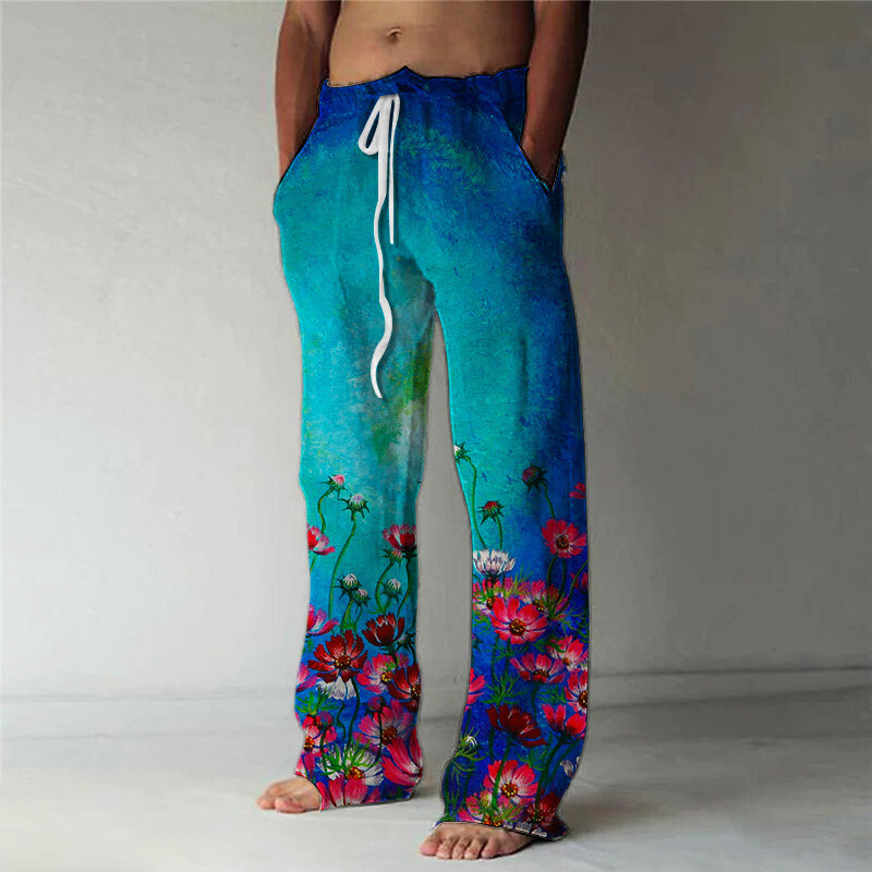 Comerț exterior, mărime mare, pentru bărbați, cu picior lat, imprimeu boem, cu imprimare 3D, pantaloni de plajă, lejer, cu șnur