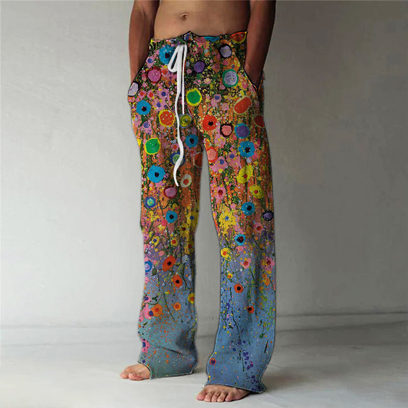 Comerț exterior, mărime mare, pentru bărbați, cu picior lat, imprimeu boem, cu imprimare 3D, pantaloni de plajă, lejer, cu șnur