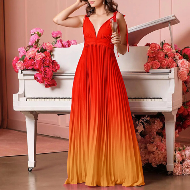 2024 m. madinga V formos iškirptė Seksuali aukšto juosmens gradiento spalvos spaudimo ilga suknelė Dovanų suknelė A formos sijonu moterims