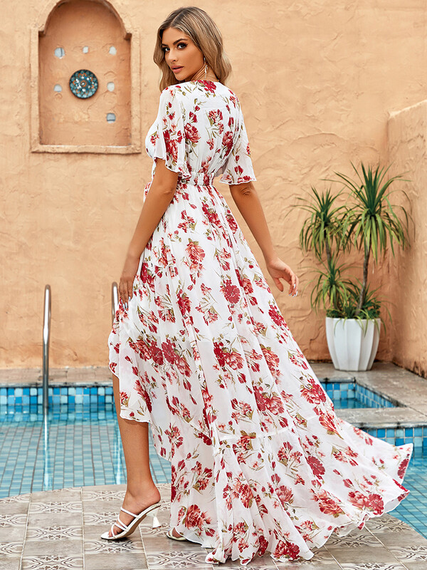 TOLEEN Rochii până la podea pentru femei Rochie de vacanță ocazională de plajă Rochie de petrecere din șifon cu decolteu în V Rochie de domnișoară de onoare elegantă cu fantă înaltă