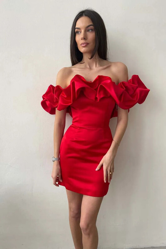Rochie de vară damă rochie cu mânecă scurtă cu volan, cu un cuvânt, rochie roșie, sexy, fără spate